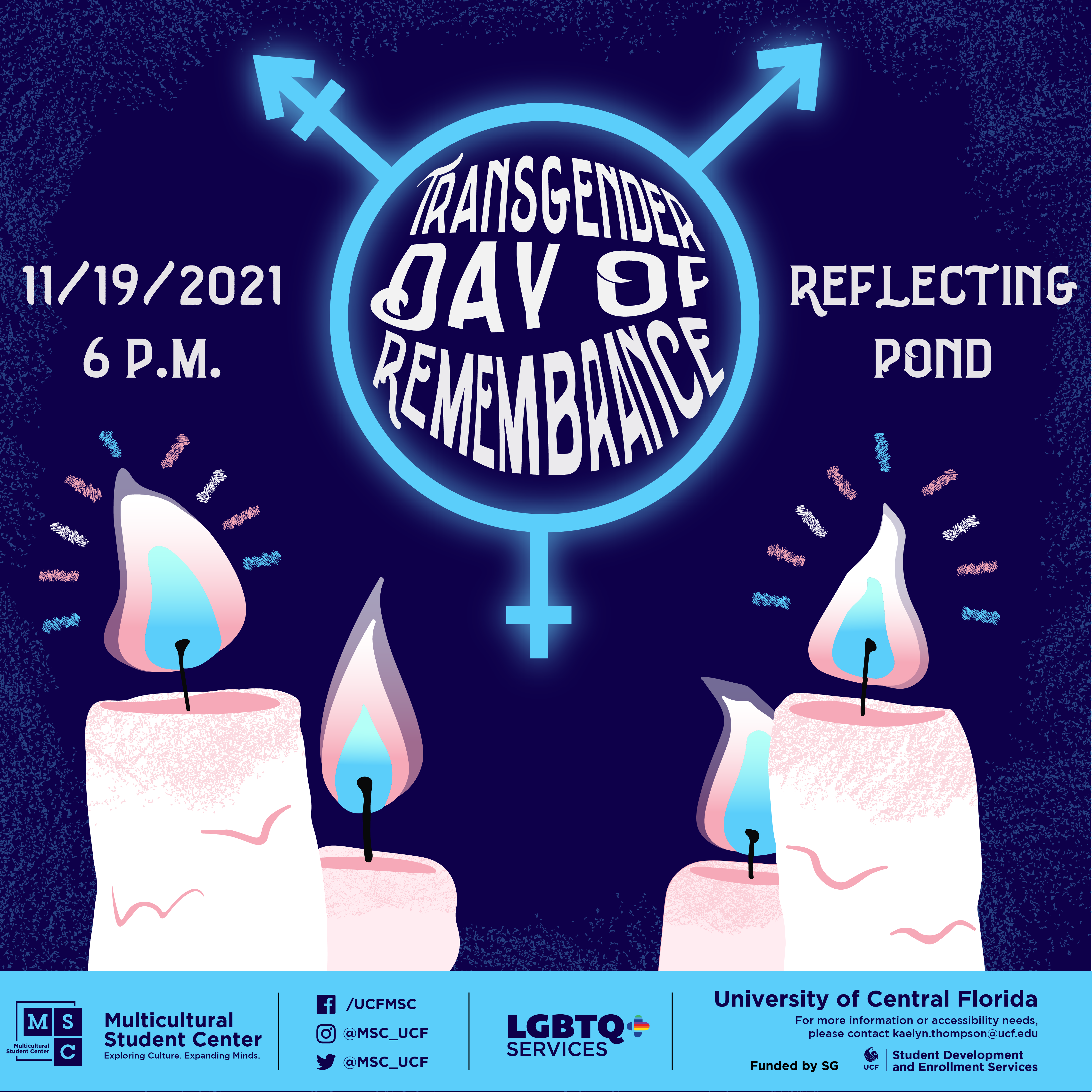 Transgender day of remembrance event flyer design, lit candles in pink, blue, and white