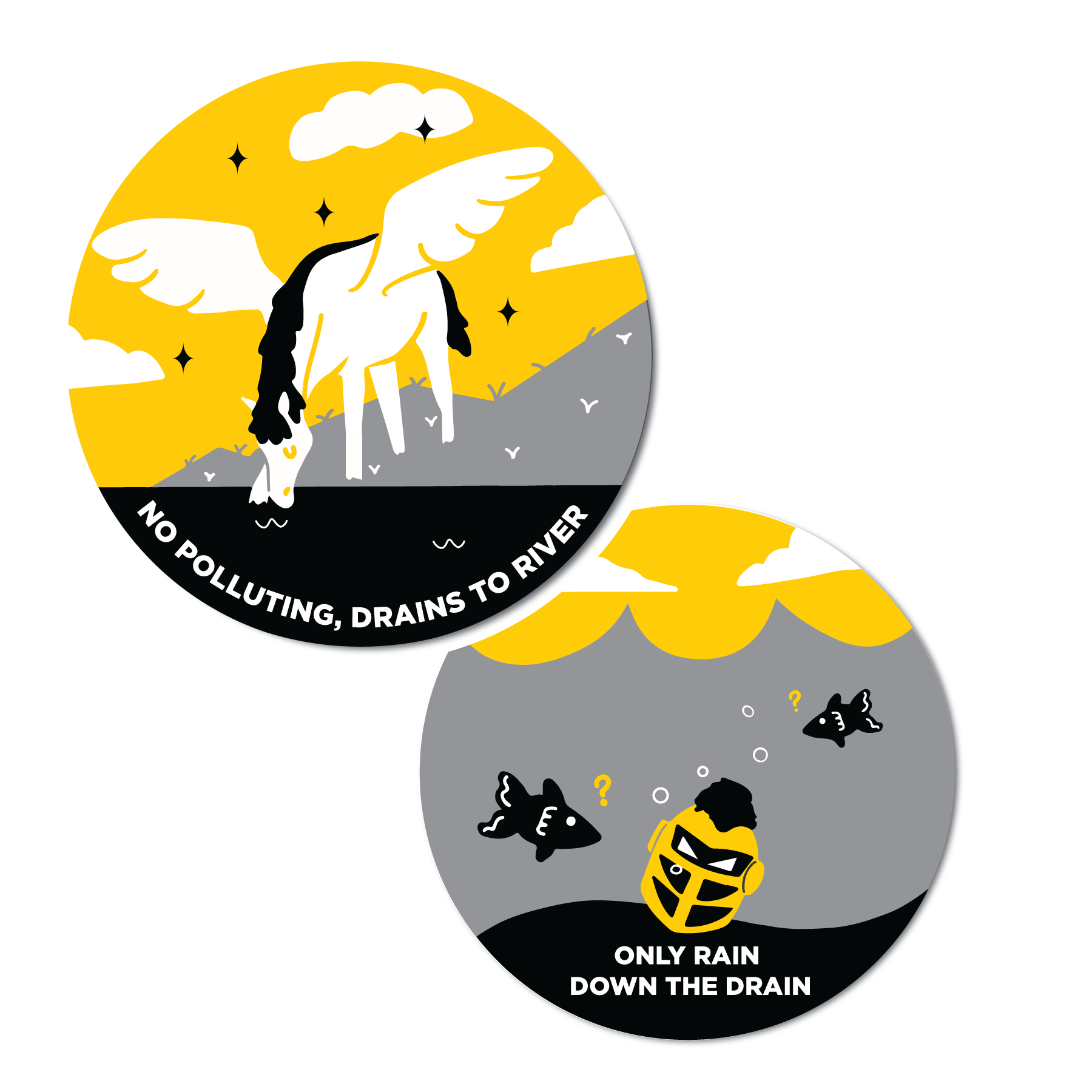 sticker design of 1.pegasus drinking lake water, and 2.knightro's helmet at the bottom of the ocean