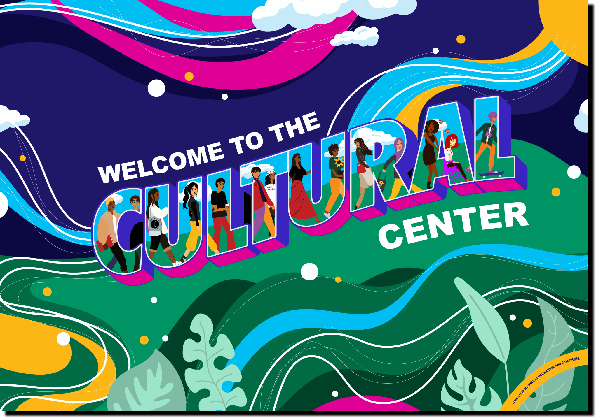 Artwork reading: welcome to the cultural center, with people walking within the letters- postcard style