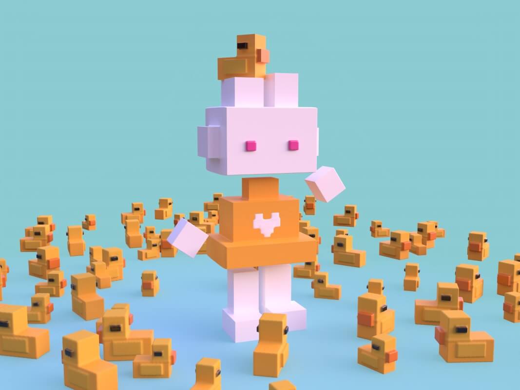 3d render of a pixel bunny with a bunch of ducks