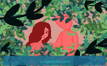 screenshot of characters behind green shrubs