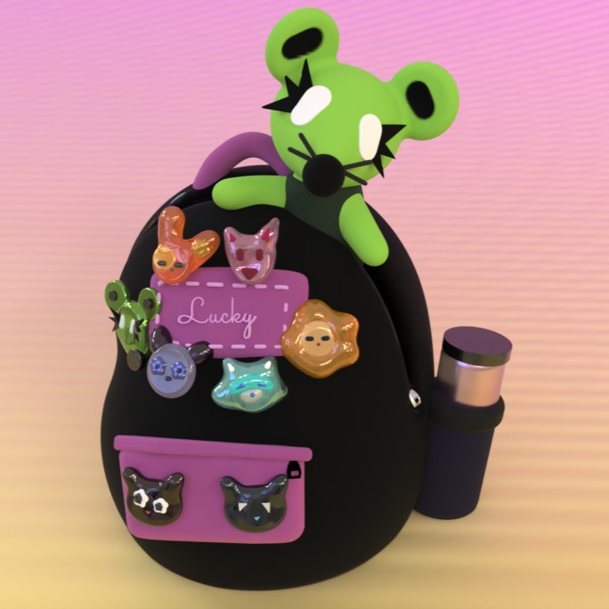 3d render of a backpack with a rat plush and 8 pins on it