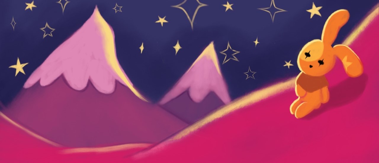 Illustration of bunny staring at stars on a mountain