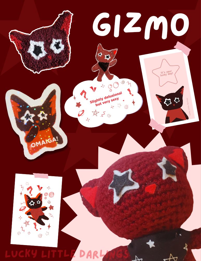 magazine-style poster of cat with goods from shop by Emilia